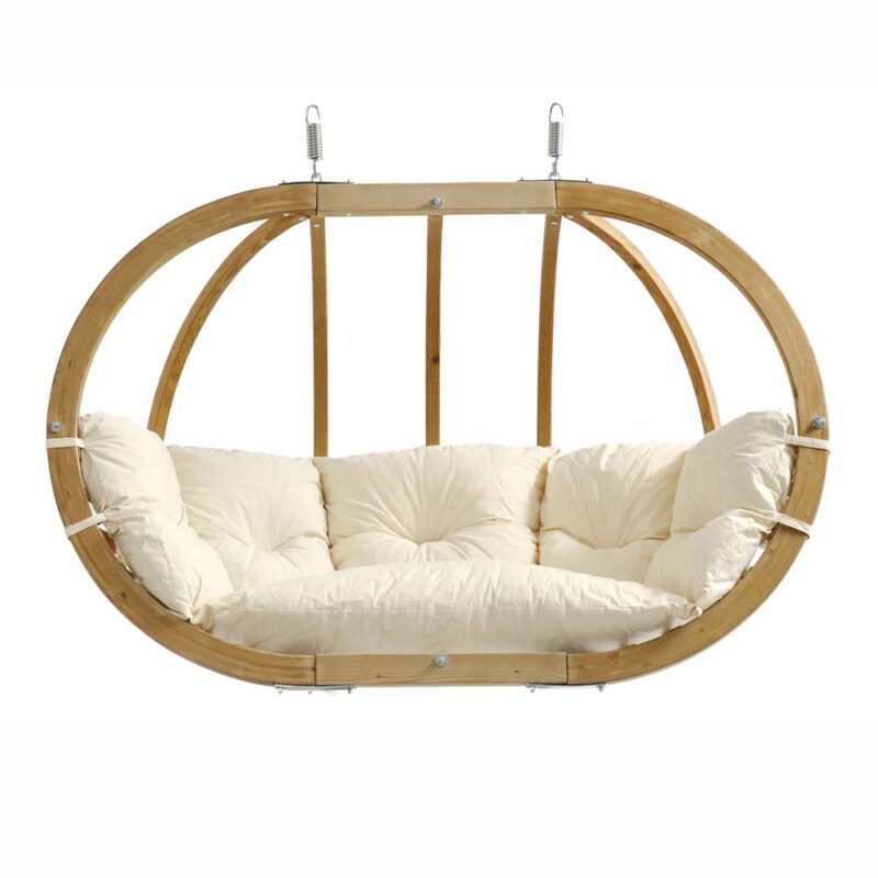 Globo Royal Chair Natura: Cadeirão Suspenso XL [2/3p] Madeira FSC [Casa&Jardim]+Almofadão de Exterior [Branco/Creme]