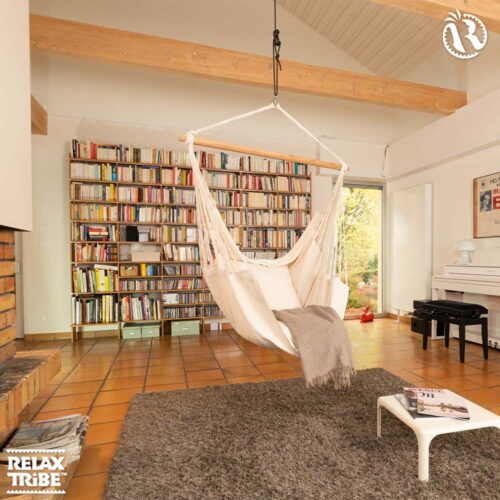 Habana Latte: Eco-Lounger/Cadeira Suspensa 100%Algodão Bio+Madeira FSC /Feita à Mão - Image 3