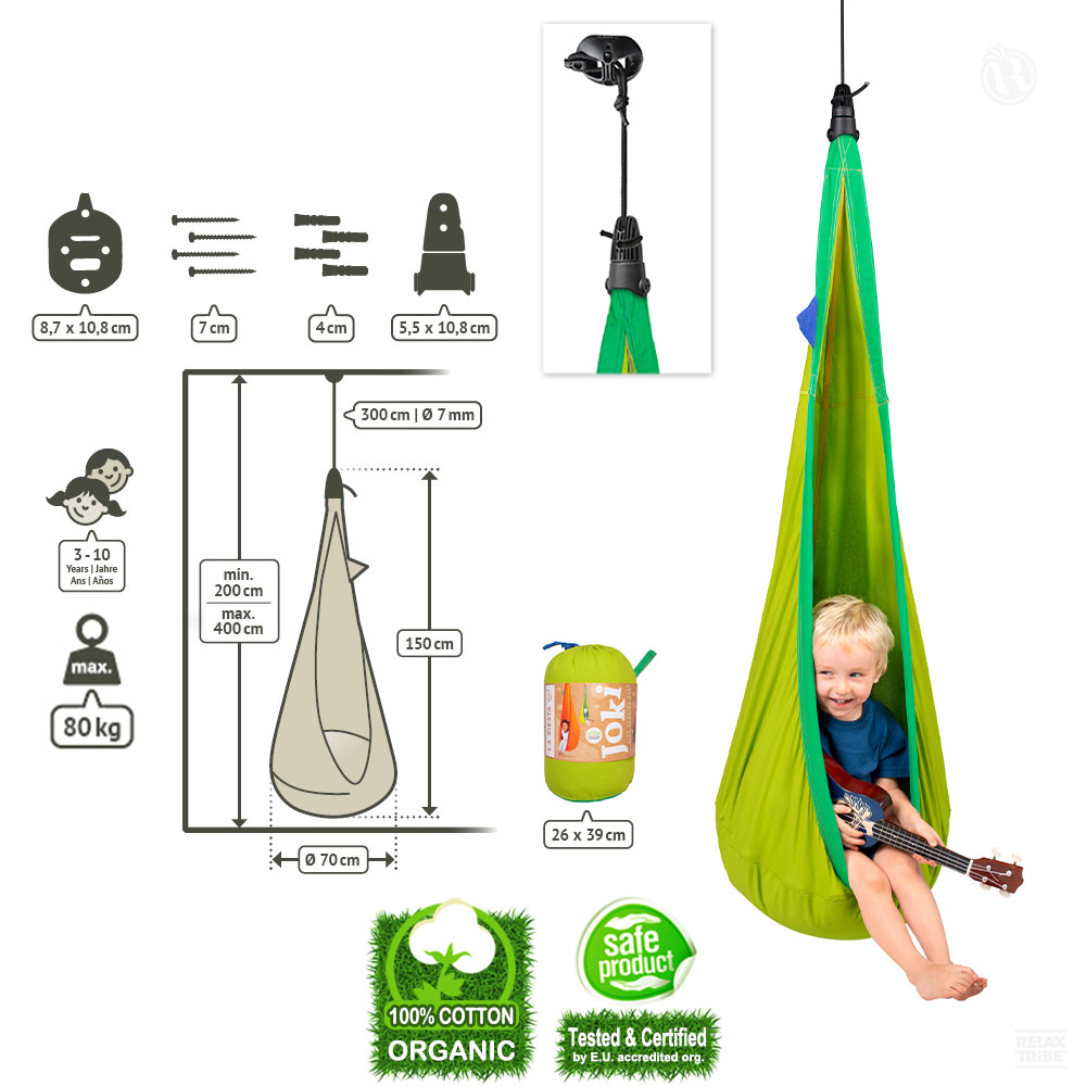 joki-froggy-kids-hanging-nest-chair-pure-organic-cotton-with-suspension-and-pillow-lime-green-detail-spec