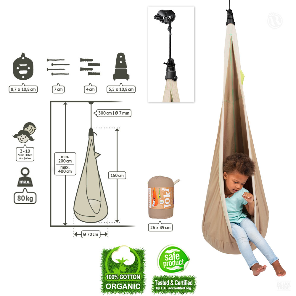 joki-teddy-kids-hanging-nest-chair-pure-organic-cotton-with-suspension-and-pillow-light-brown-khaki-detail-spec