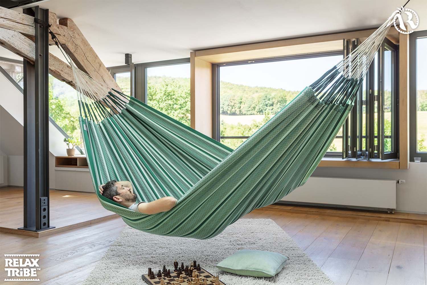 modesta-agave-eco-hammock-pure-organic-cotton-handmade-green-tones-patterns-attic-beams
