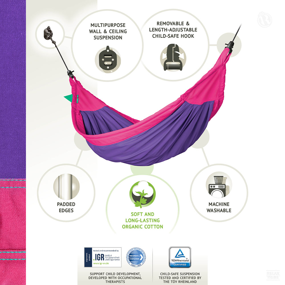 moki-lilly-kids-hammock-pure-organic-cotton-with-suspension-max-80kg-purple-pink-fuchsia-detail-features